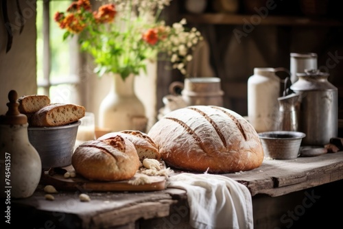 Freshly baked bread on a rustic wooden table with a soft focus of a cozy kitchen in the background creating an inviting atmosphere