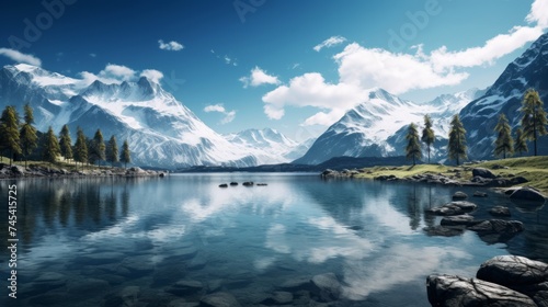 Generative AI A serene alpine lake nestled amidst towering mountains, reflecting their rugged beauty in its crystal-clear waters.
