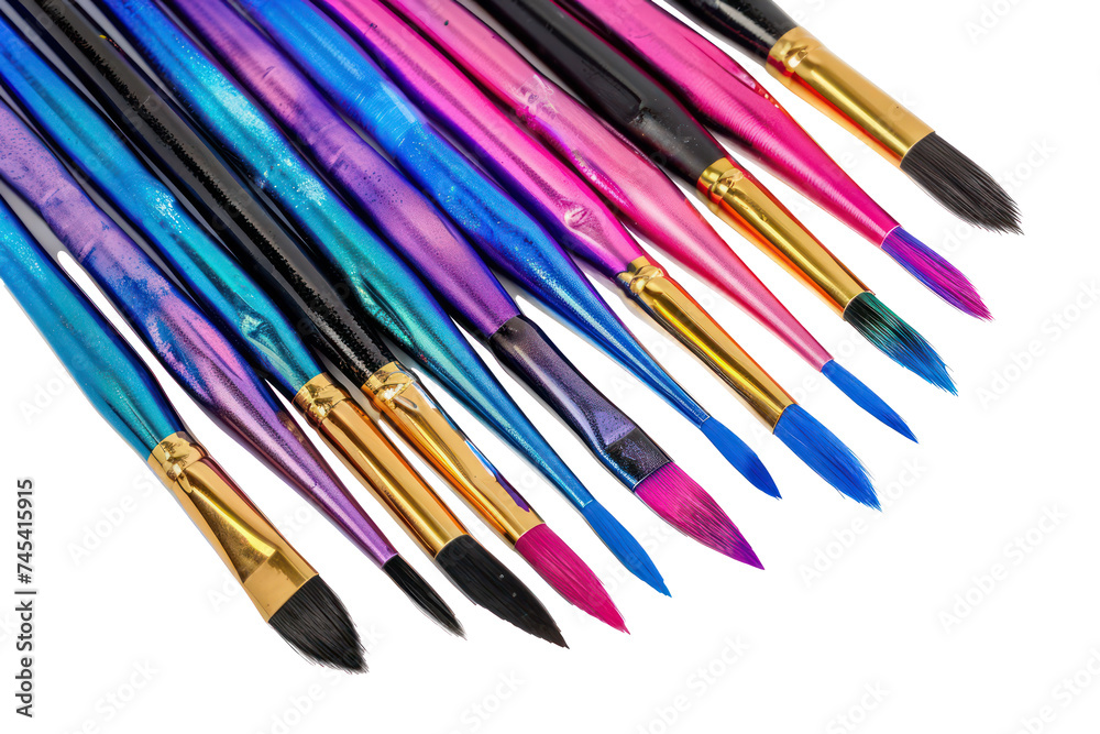 Paint-splattered brushes for creative artwork, cut out - stock png.