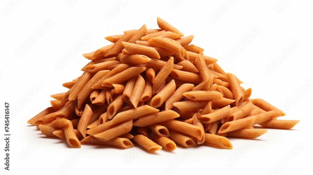 A small mound of penne rigate pasta captured in a close-up realistic photo against a white background Generative AI A small mound of penne rigate pasta captured in a close-up realistic photo against a white background Generative AI