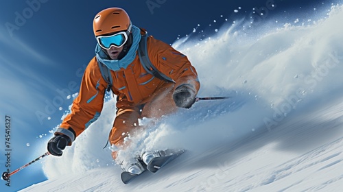 A skier enjoys downhill skiing and rushes along a snowy mountain slope