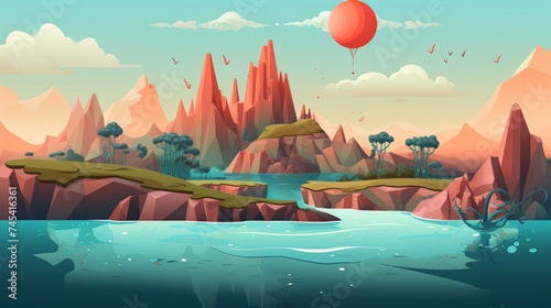 Generative AI A surreal, otherworldly landscape with floating islands. vector cartoon graphic © vadosloginov
