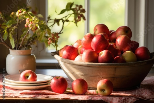 A rustic bowl filled with fresh red apples sits on a table by a window  bathed in warm sunlight