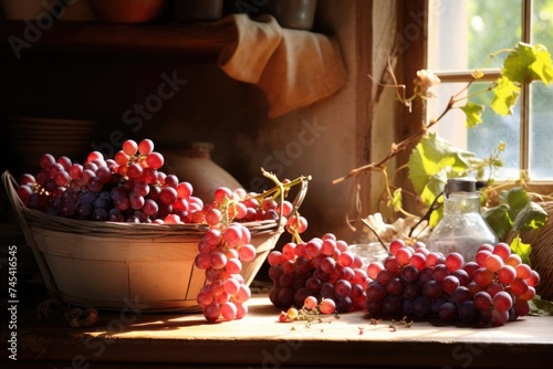 Dappled caresses clusters of red and purple grapes on a wooden surface, embodying rustic elegance by an open window.
