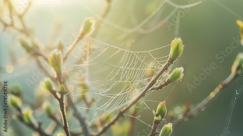 A macro photograph capturing the intricate details of a dew-covered spider web woven between budding branches, illustrating the delicate beauty and regeneration of ecosystems in May