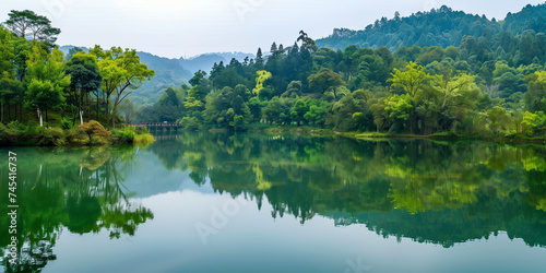 A panoramic view of a tranquil lake surrounded by lush foliage in various shades of green, reflecting the peaceful harmony of nature's rejuvenation in the month of May