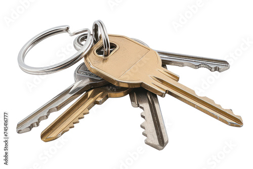 Set of various keys on keyrings, cut out - stock png. photo