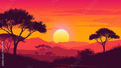 A silhouetted landscape with vibrant hues of orange and pink as the sun dips below the horizon