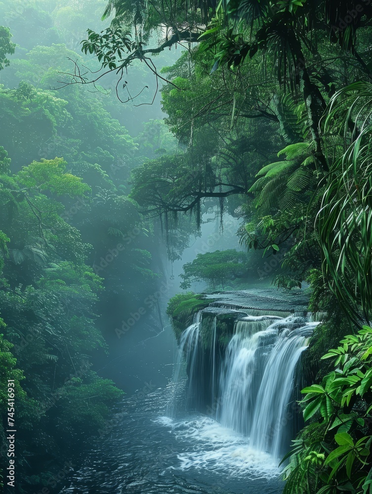 A waterfall cascades with a gentle roar through a verdant rainforest, its mist mingling with the surrounding foliage. The overgrowth frames this hidden gem, creating a sense of peace and seclusion.
