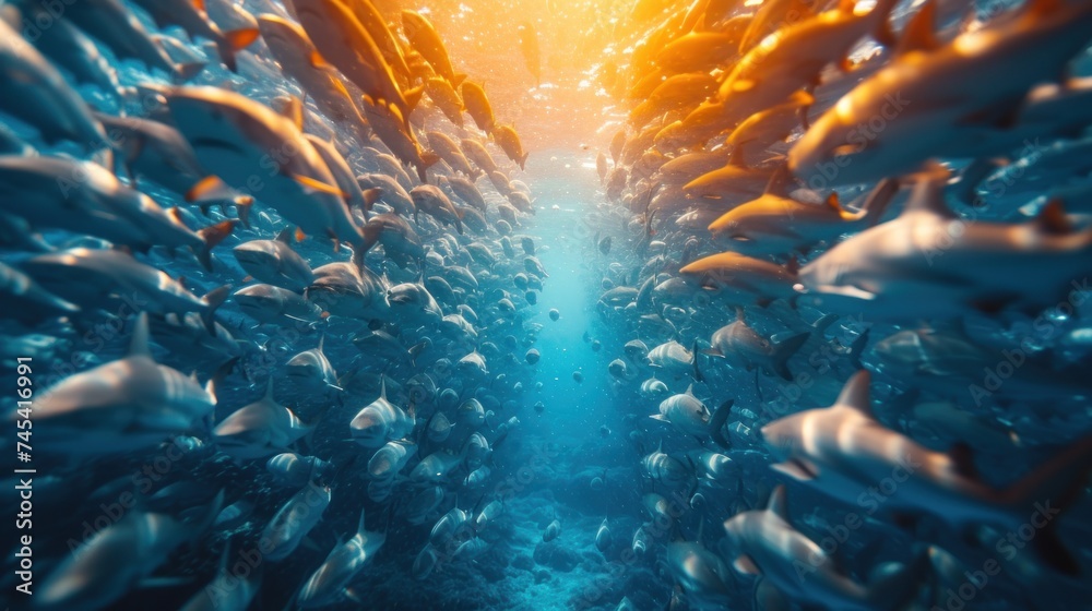 a large group of fish swimming in a large body of water with a bright light coming from the top of one of the fish's back's sides. - obrazy, fototapety, plakaty 