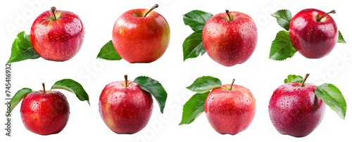 Set of fresh red apple with water droplets and leaves, cut out - stock png.