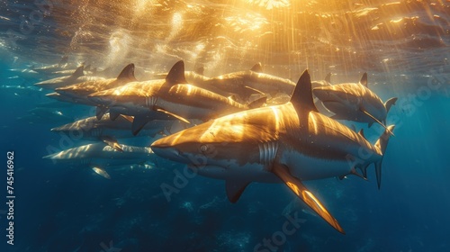 Sharks in the Sunlight, A School of Sharks Swimming Together, Glistening Sharks Underwater, The Beauty of a Group of Sharks. © Wall