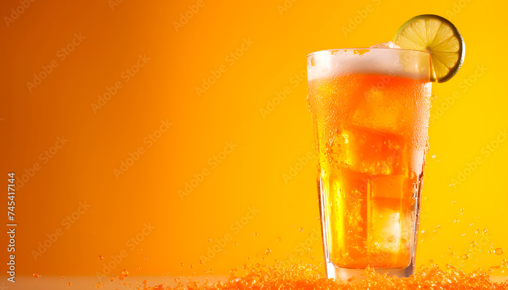 sparking Authentic Michelada, dynamic, realistic, orange background, copy space sparking Authentic Michelada, dynamic, realistic, orange background, copy space