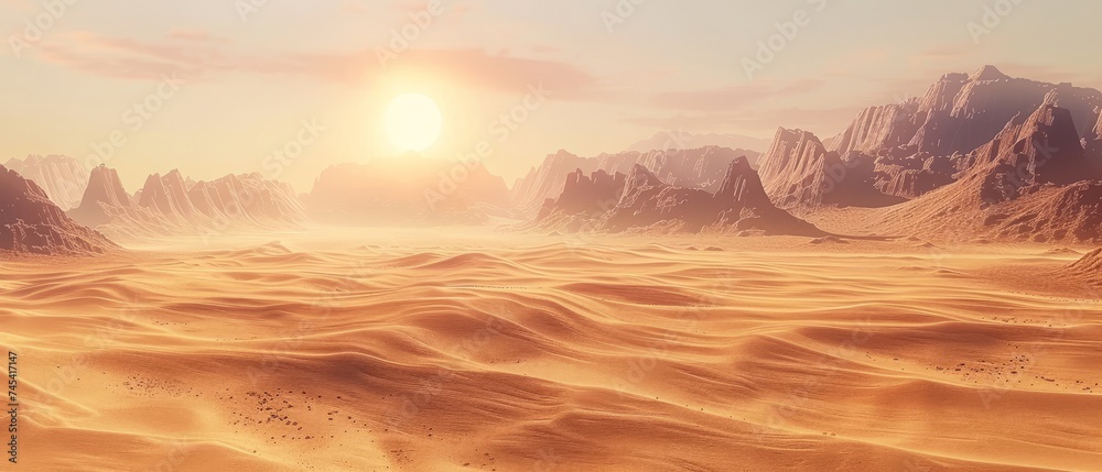 As dusk settles, the serene desert offers a peaceful landscape, with gentle dunes leading towards distant mountains under a sky painted with soft pastel hues.