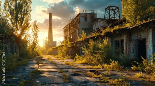 Generative AI Abandoned Chernobyl nuclear power plant, haunting atmosphere, dilapidated structures, overgrown vegetation, eerie photorealistic depiction photo