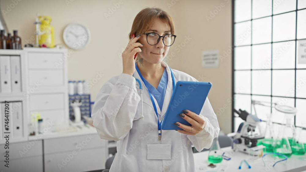 Caucasian woman in lab coat using smartphone and tablet in hospital laboratory Caucasian woman in lab coat using smartphone and tablet in hospital laboratory