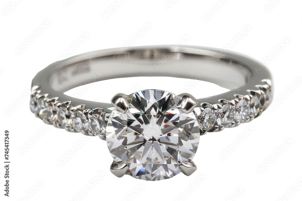 Diamond ring with sparkling side stones, cut out - stock png. Diamond ring with sparkling side stones, cut out - stock png.