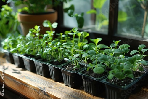 Thriving seedlings in small black trays on a wooden windowsill, basking in the natural sunlight.