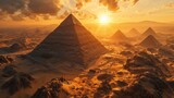 Generative AI Egyptian pyramids at sunset, view from a drone
