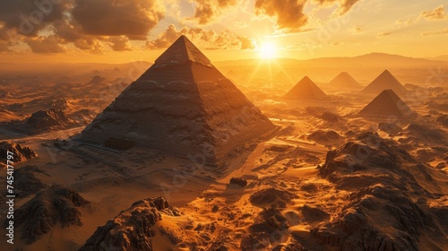 Generative AI Egyptian pyramids at sunset  view from a drone