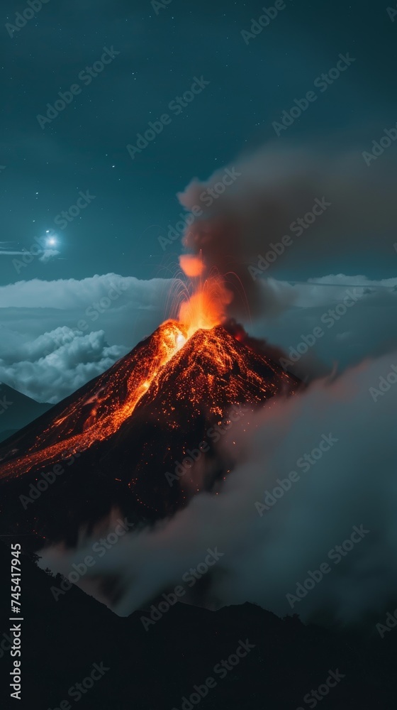 A nighttime eruption casts a fiery glow over the mountain, with the volcano's wrath evident in the flowing lava and smoke. The scene is a stark reminder of nature's unpredictable power and beauty.