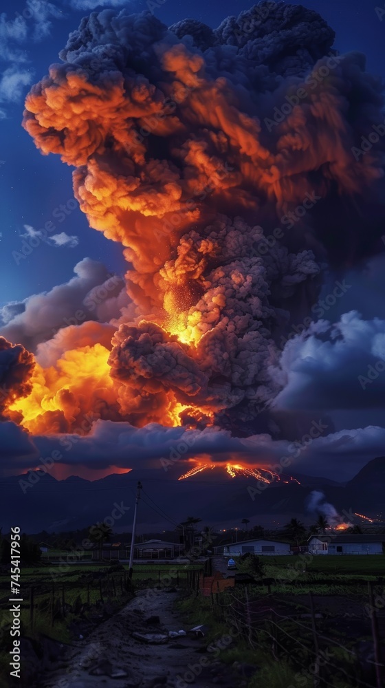 Fototapeta premium A fiery volcanic eruption pierces the twilight sky, contrasting serene rural setting below. The majestic power of nature is captured as ash and lava burst into the evening, illuminating the clouds.