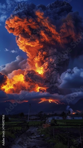 A fiery volcanic eruption pierces the twilight sky, contrasting serene rural setting below. The majestic power of nature is captured as ash and lava burst into the evening, illuminating the clouds.