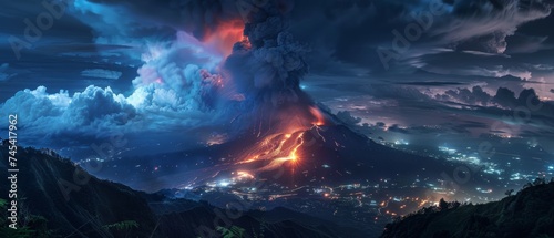 The infamous Mount Vesuvius erupts under a starlit sky its molten rivers carving paths of light through the darkness. This captivating scene highlights the turbulent beauty of an active stratovolcano.