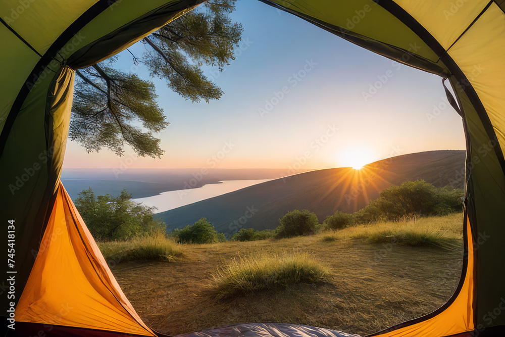 View from inside a touristic camping tent on stunning  mountain landscape at sunrise.Active lifestyle, freedom and travel concept.Generative AI