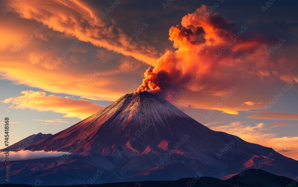 The setting sun graces a volcanic eruption with a backdrop of vibrant clouds, highlighting the mountain's majestic form against the evening glow.