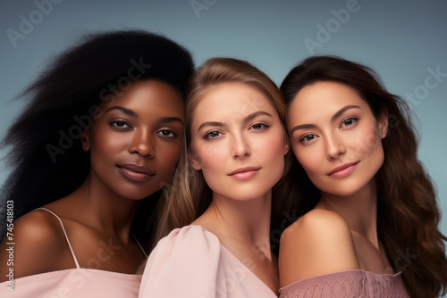 Portrait of three diverse women showcasing beauty and ethnic variety