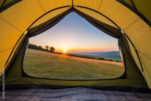 View from inside a touristic camping tent on stunning landscape at sunrise.Active lifestyle, freedom and travel concept.Generative AI