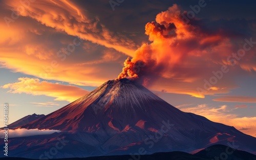 The setting sun graces a volcanic eruption with a backdrop of vibrant clouds, highlighting the mountain's majestic form against the evening glow.