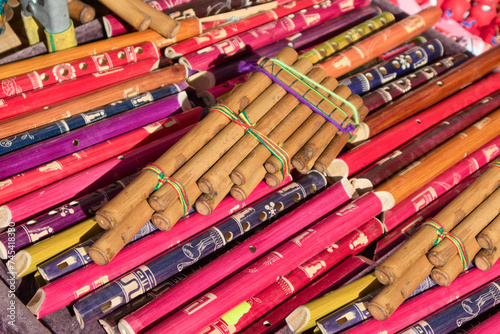 Indigenous style bamboo and pan flutes at an ethnic market