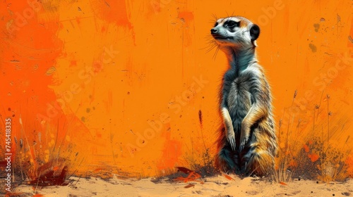  a painting of a meerkat standing in front of an orange wall with a black spot on it's back end and a black spot at the top of the meer. photo