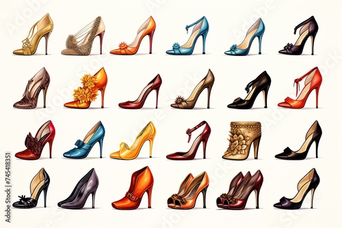 collage of different illustrations of heeled shoes on white background