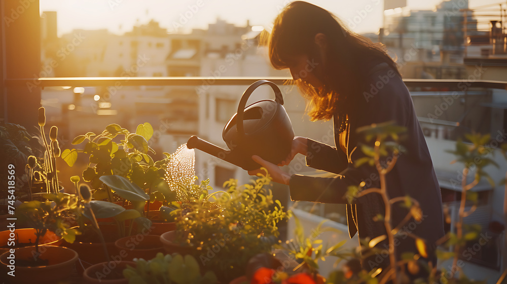 Desfrutando da luz do sol mulher cuida de plantas em varanda com vista da cidade ao fundo - obrazy, fototapety, plakaty 