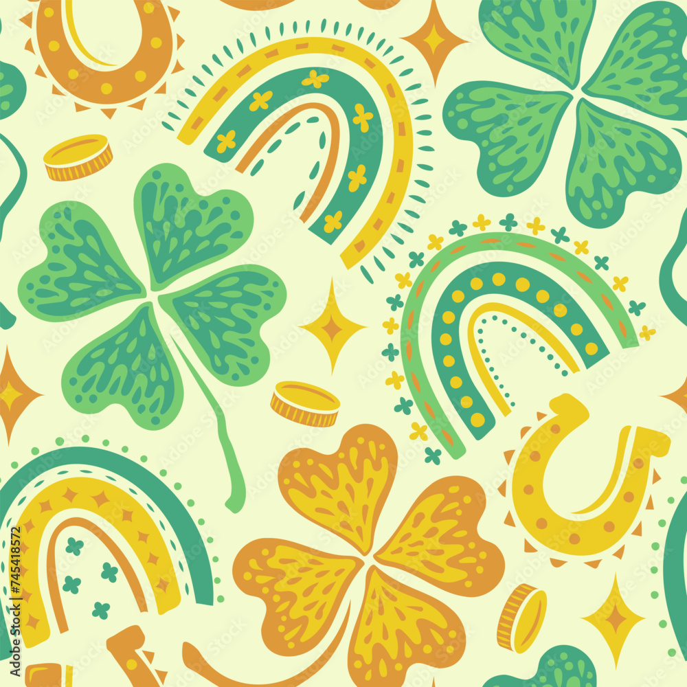 Vector funny seamless pattern for Patrick's day with lucky clover, money, horseshoe and rainbow.