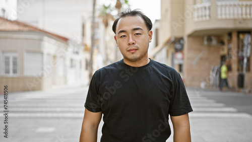 Chill yet focused, a young, cool chinese man radiates rugged handsomeness under sunlight standing serious on a city street, relaxedly looking into the camera expressing his unique, urban lifestyle