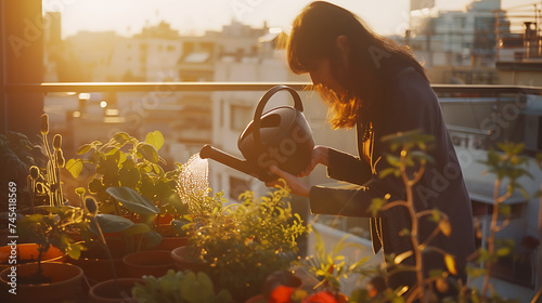Desfrutando da luz do sol mulher cuida de plantas em varanda com vista da cidade ao fundo photo