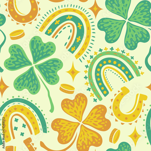 Vector funny seamless pattern for Patrick's day with lucky clover, money, horseshoe and rainbow.