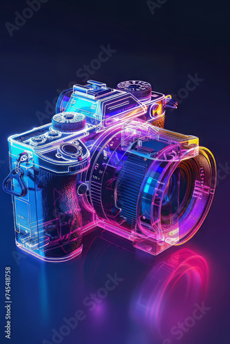 Neon Glow: Transparent Analog Camera in Isometric View