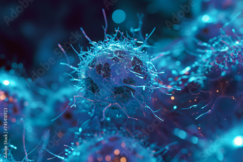 A nerve cell of a living creature is blue, a systemic neuron in the brain with synapses. Fundamentals of Medicine, Biology or Anatomy, Neuroscience