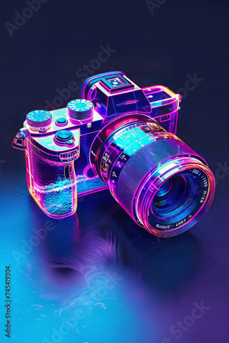 Neon Glow: Transparent Analog Camera in Isometric View