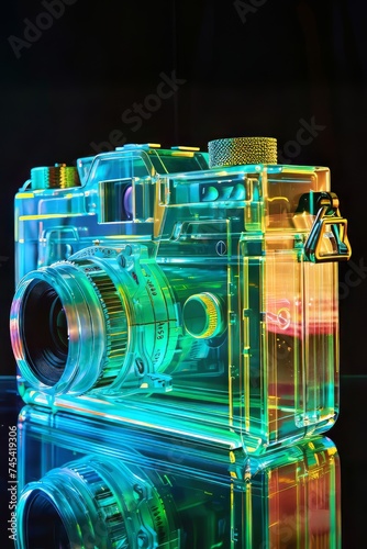 Neon Glow: Transparent Analog Camera in Isometric View
