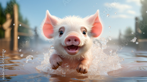 A Cartoon Piglet in a Cute Farming Scene.Small Piggy