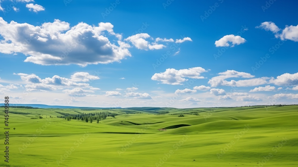 Tree on the green field with blue sky and white clouds background.
