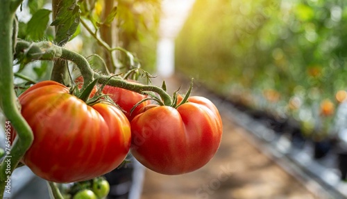 Belles tomates rouges mûres d'héritier cultivées en serre. Photographie de tomate de jardina photo