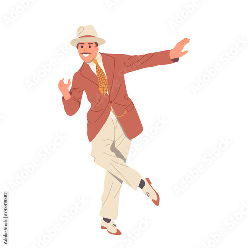 Adult retro man cartoon character wearing stylish vintage clothes stepping isolated on white