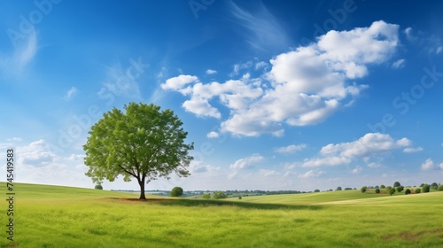 Tree on the green field with blue sky and white clouds background. © Kristina